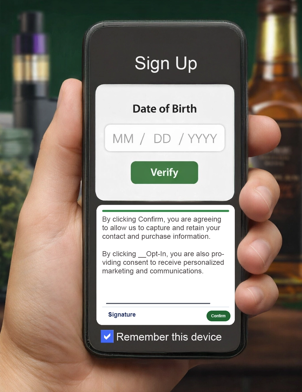 Private message center with birthdate verification and signature capture for regulated SMS marketing