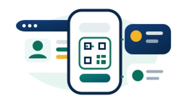Mobile and browser member access illustrated with a QR code, digital card, profile, and wallet