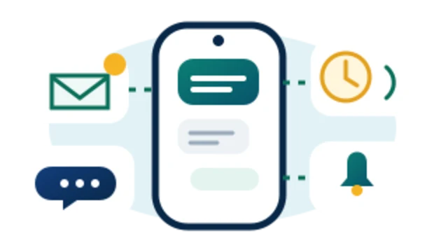 Email, SMS, app messages, notifications, and timed automation illustrated as a connected workflow