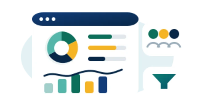 Reporting dashboard illustrated with charts, customer groups, campaign segments, and filters