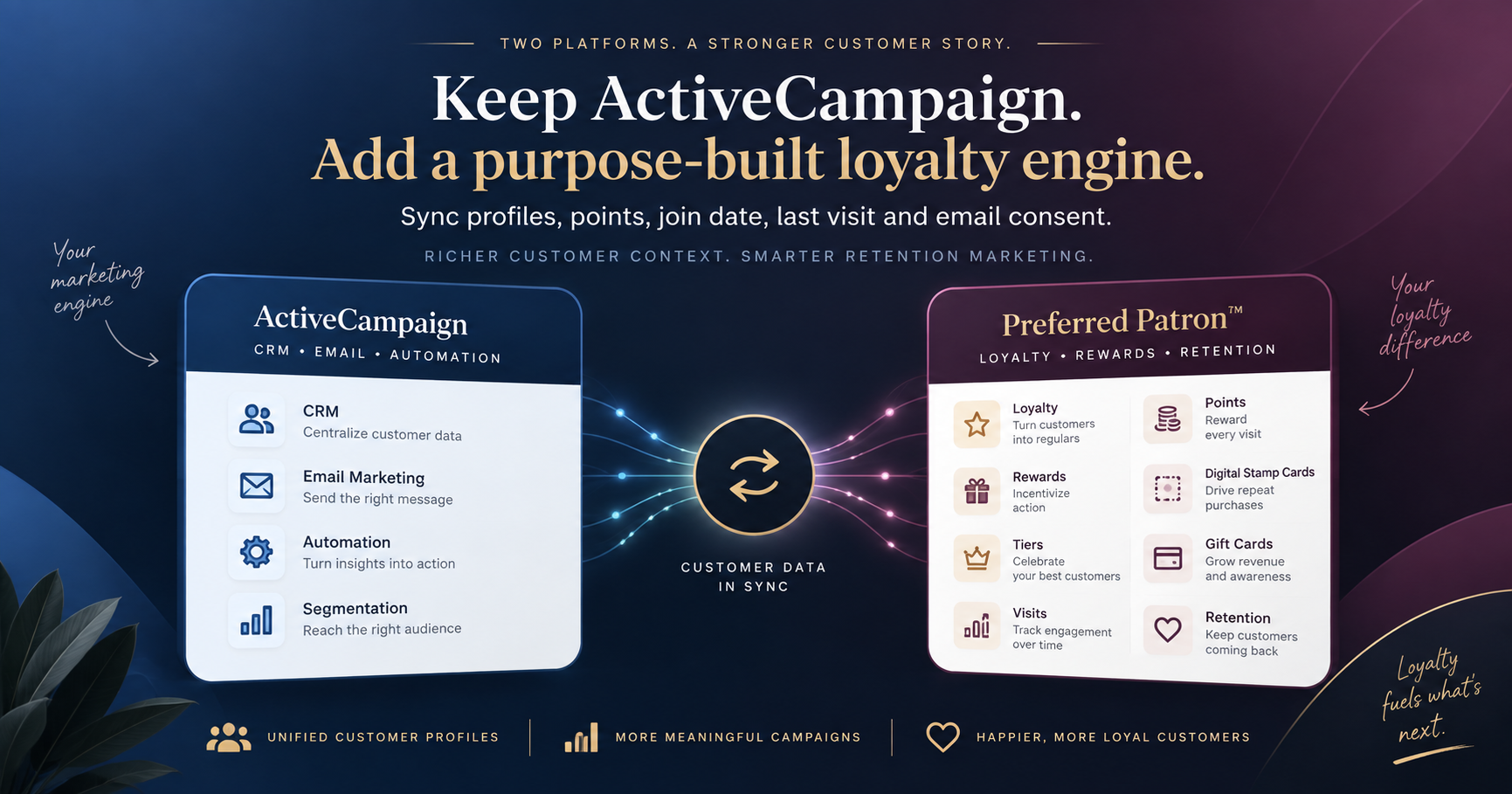 ActiveCampaign and Preferred Patron connected as two complementary platforms, with ActiveCampaign handling CRM, email and automation while Preferred Patron provides loyalty, rewards, points, visits, gift cards and retention capabilities.