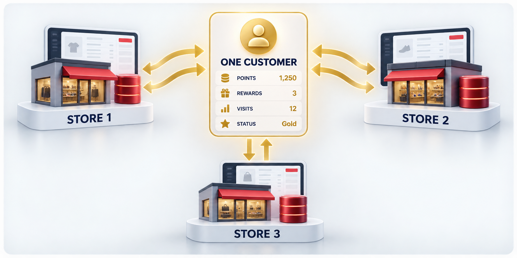 One Preferred Patron customer profile synchronizing points, rewards, visits and status across three separate Lightspeed X-Series stores.