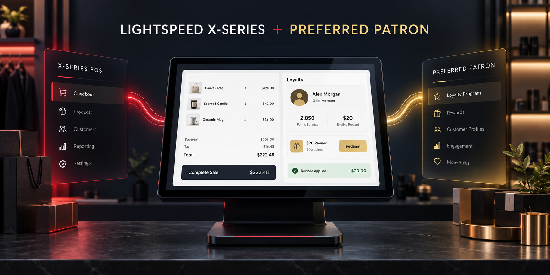 Preferred Patron loyalty embedded in a Lightspeed X-Series checkout, showing a member balance, eligible reward and redemption in the point-of-sale workflow.