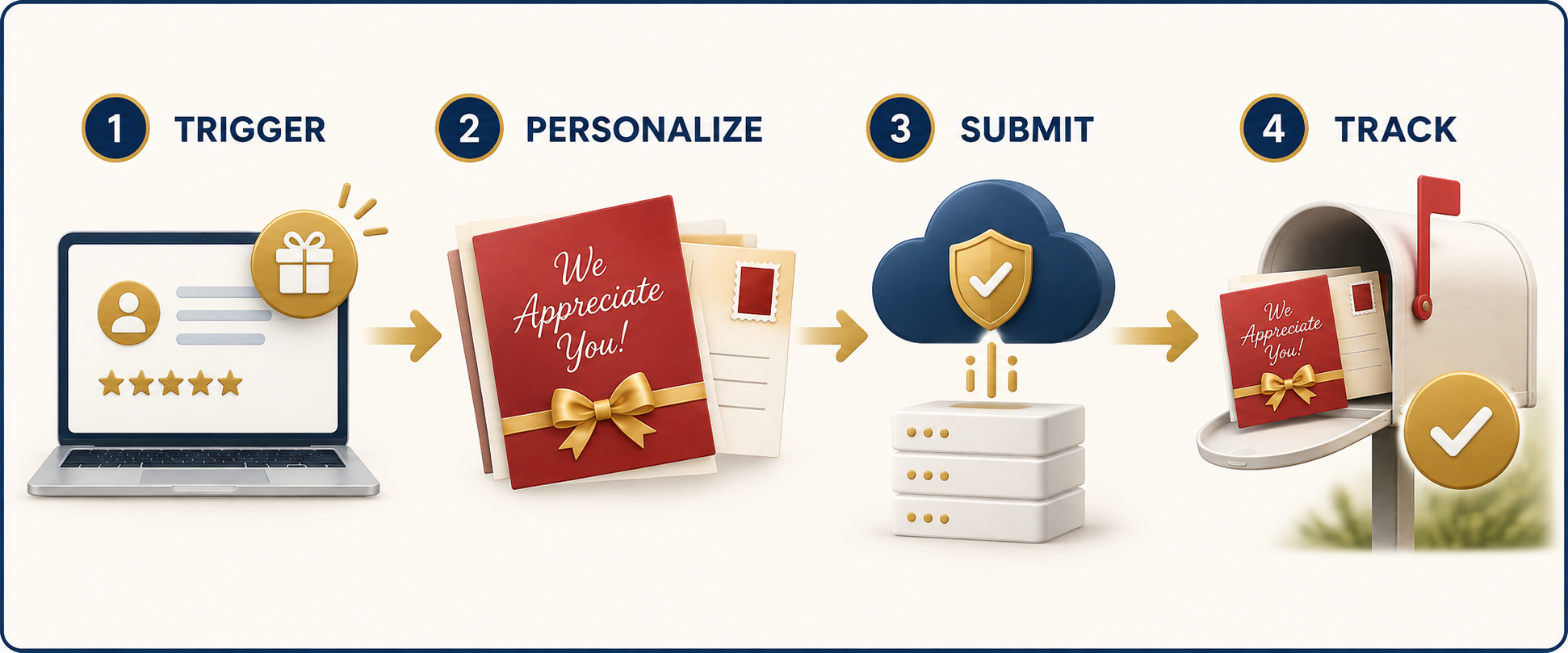 Preferred Patron identifies a loyalty trigger, securely sends the customer and mail-merge data to PostcardMania, and records returned order status.