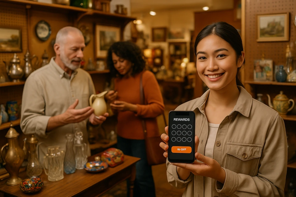 Antique mall booth with customers; cashier scanning a QR code from a rewards app