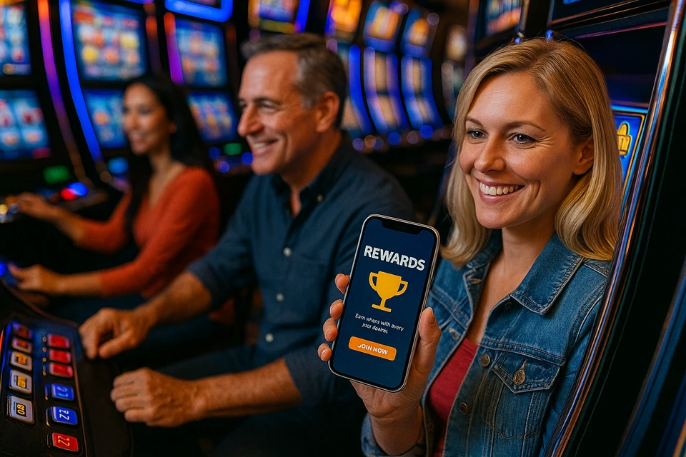 Guests playing slot machines while a customer shows a casino rewards app on a smartphone