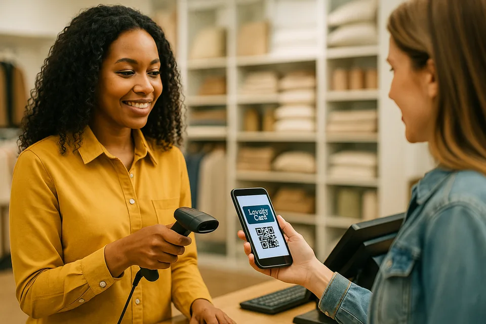Retail associate scans a customer's Loyalty Card QR at checkout