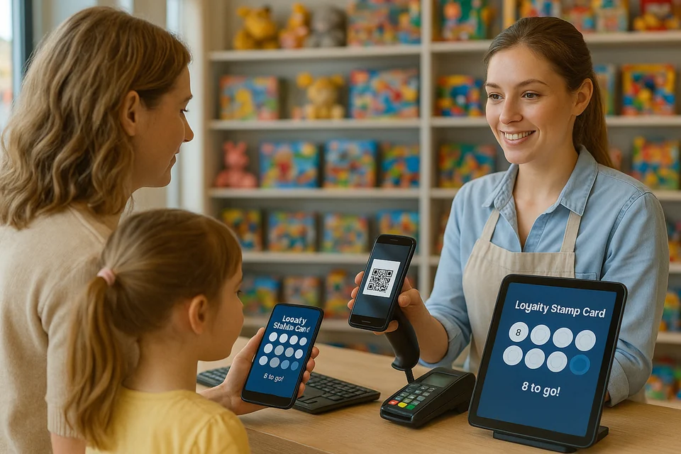 Cashier scans a child’s Loyalty Stamp Card QR at a bright toy store checkout