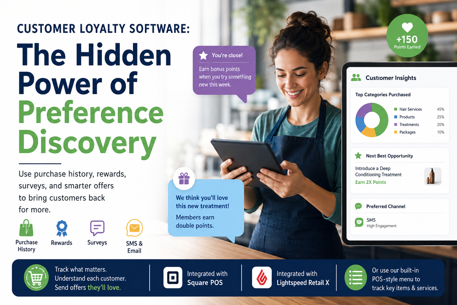 Business owner using customer loyalty software to understand customer preferences and send better offers