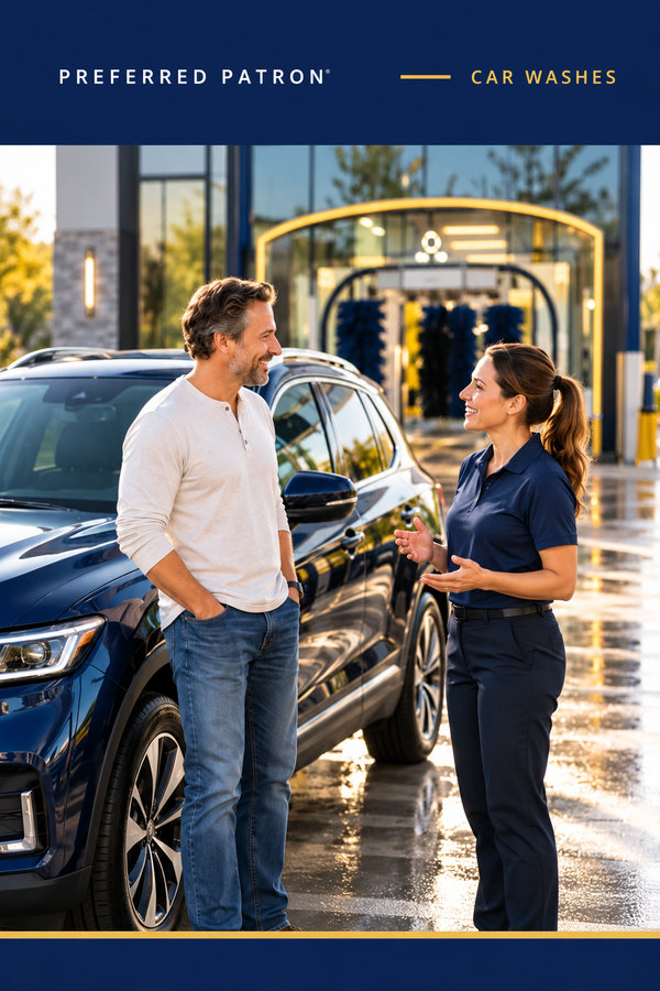 Car wash staff member speaking with a returning customer